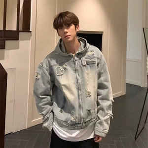 美式复古拉链破洞连帽牛仔外套男款潮流宽松百搭水洗做旧夹克上衣图片