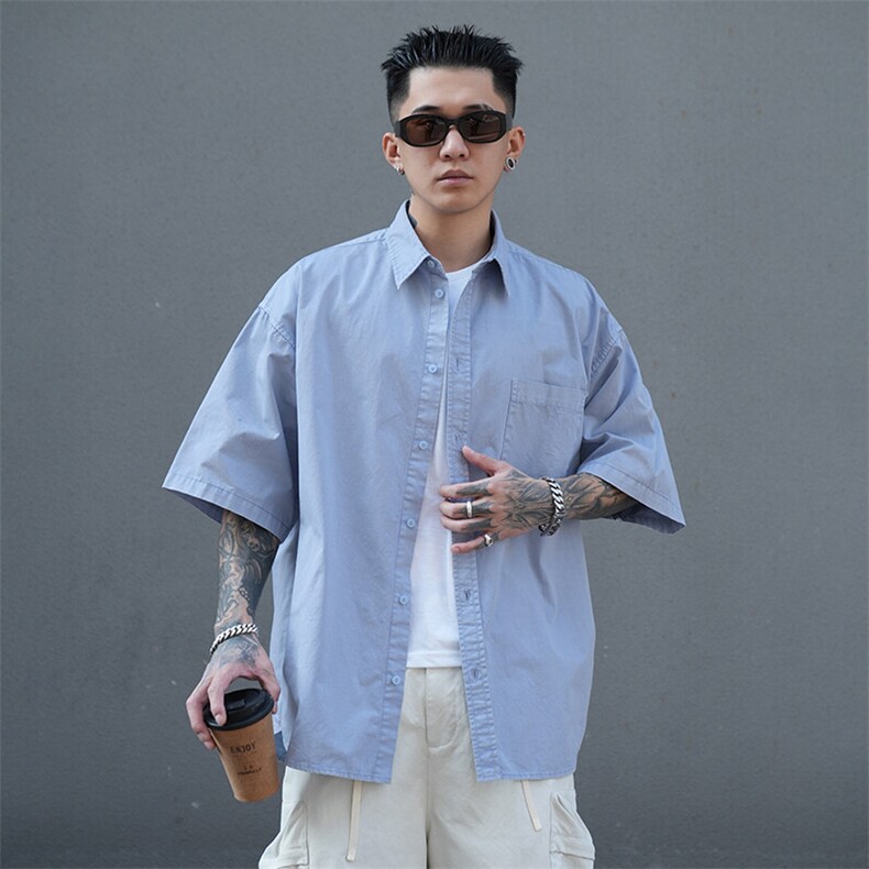 美式工装衬衫短袖夏季宽松纯棉脏染衬衣男 A436-0628-P4569图片