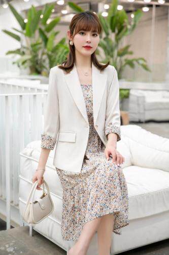 当季新款韩版气质西装粉色碎花雪纺裙，女装西装，水锦红