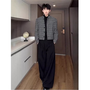 网图现货 秋季短款垫肩休闲格子外套男JK183/P65图片