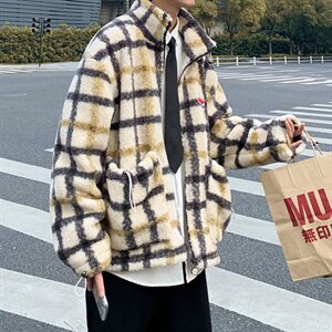 棉衣男港风宽松格子保暖加厚潮牌羊羔毛外套大衣B288-MJ400图片