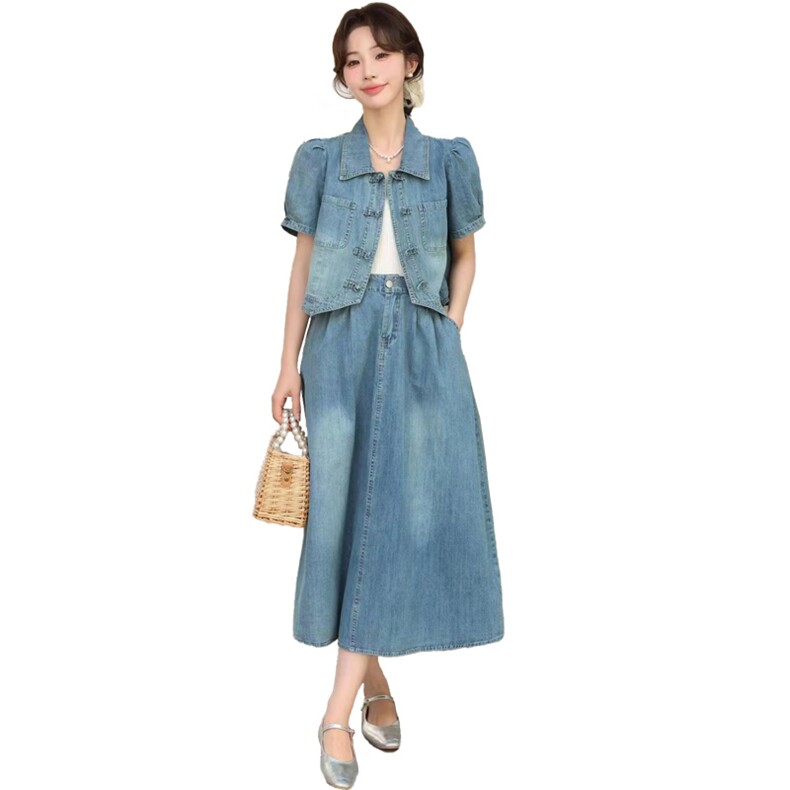 短袖牛仔套装女2024夏季新款女装两件套时尚套装裙子,女装套装/套裙,香水丽阁