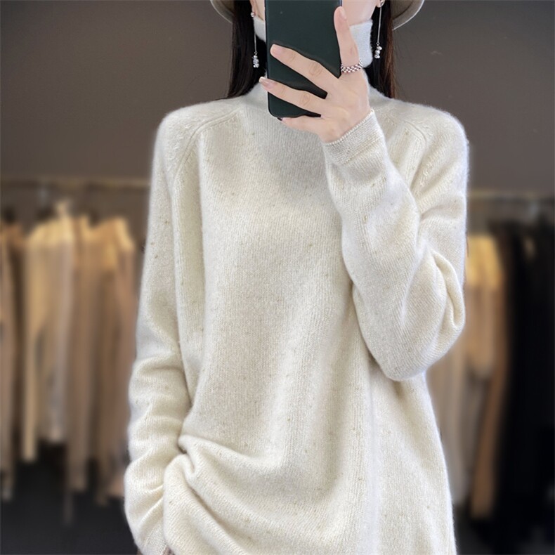 高领100%纯羊毛衫女中长款亮丝针织毛衣秋冬宽松慵懒风打底羊绒衫,女装羊毛衫,迅太羊绒