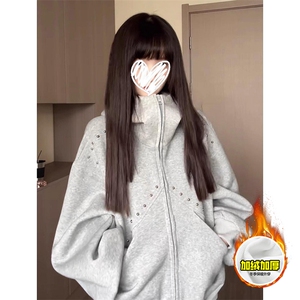 480G重磅加绒硬挺boxy 男女秋冬美式高街卫衣铆钉拼接开衫厚外套图片