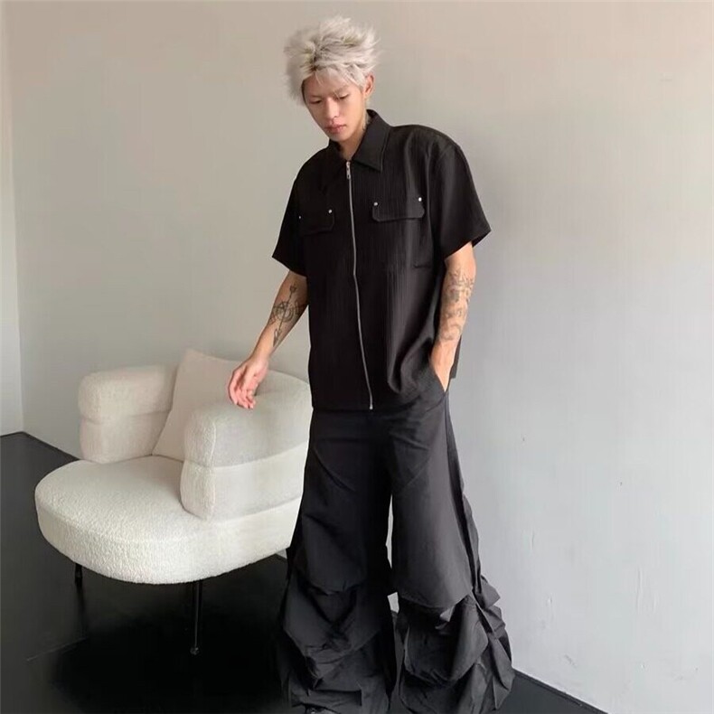 【网图现货】美式宽松复古肌理感条纹短袖衬衫男C3008/P40,男装T恤,星座205-3