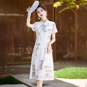 新中式素雅水墨印花连衣裙女2024夏季新款小个子修身国风旗袍裙子图片