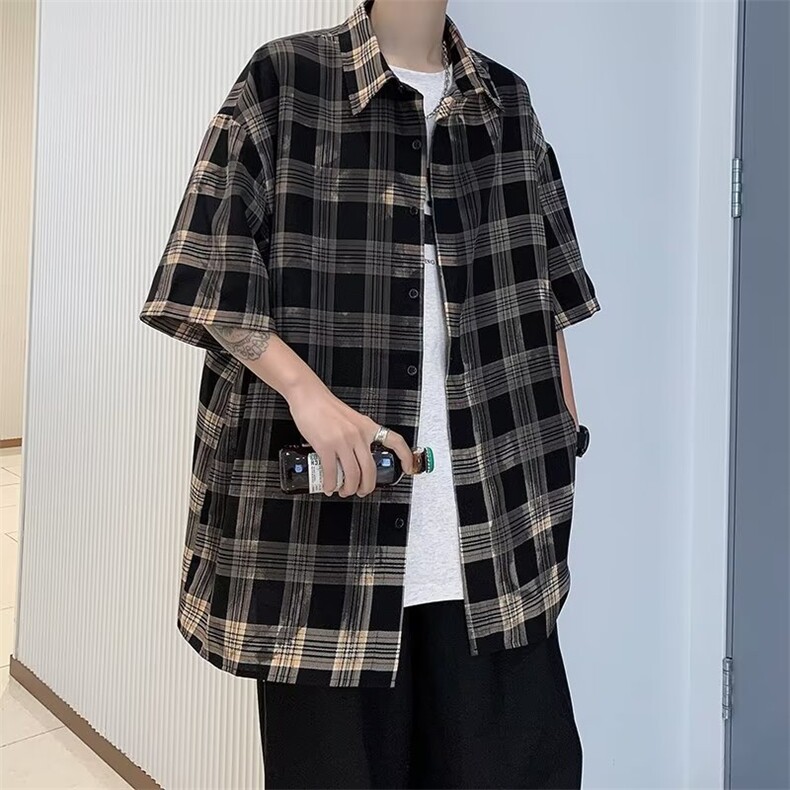 日系五分袖春夏季新款衬衫潮流慵懒男方领宽松型印染衬衫S44P32,男装衬衫,星座1116-2