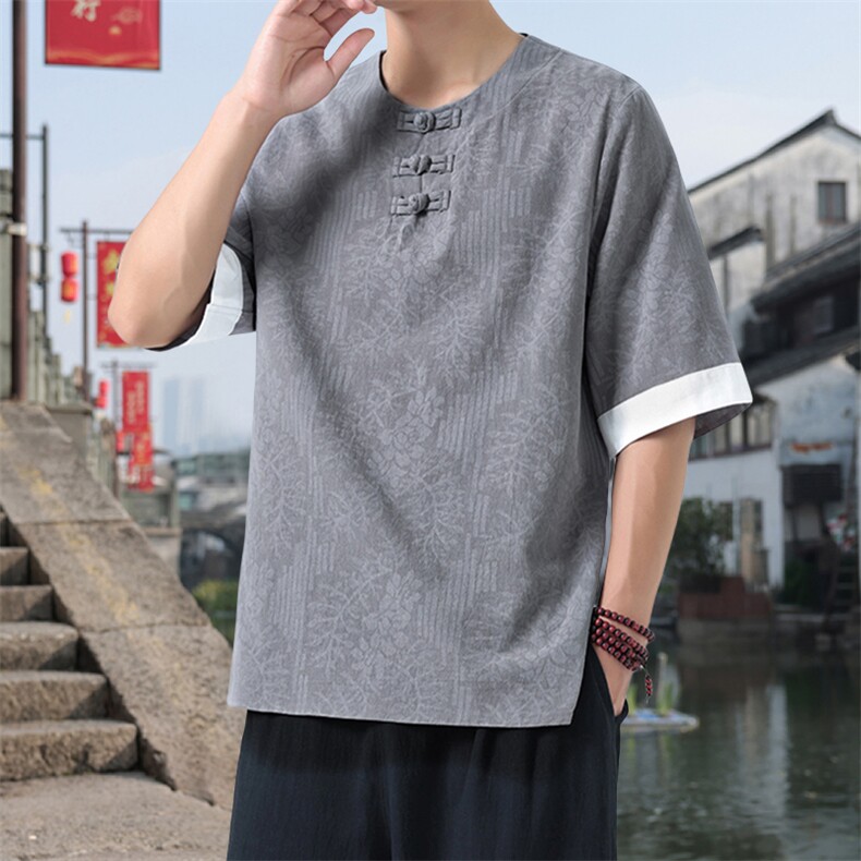 男士衬衫五分袖衬衣中袖印花圆领唐装风XZ1512-2612-P40,男装T恤,星座1512