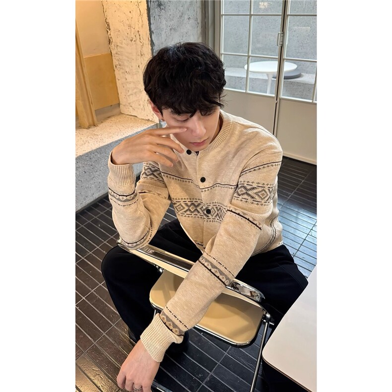 费尔岛高智学院氛围感提花肌理纺羊毛绒针织开衫毛衣,男装针织衫/毛衣,四季星座505