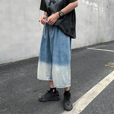 渐变牛仔短裤潮牌男夏季薄款宽松直筒七分短裤港风百搭八分阔腿裤，男装牛仔裤，星座813-3