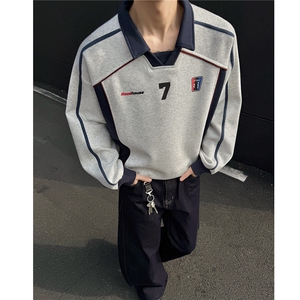 美式复古拼接设计感运动风polo领情侣卫衣宽松外套男 H1059 P68图片