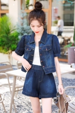 高级感时尚薄款牛仔套装女2025夏季新款小个子洋气百搭短裤两件套，女装套装/套裙，意芙