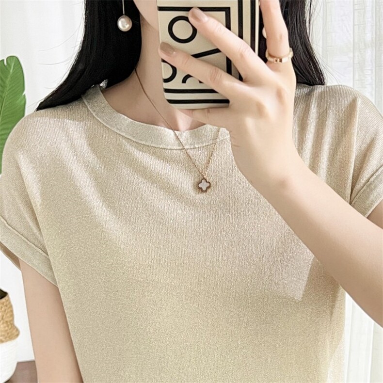 亮丝短袖t恤女夏季韩版圆领气质成熟冰丝针织,针织衫/毛衣,圣旺供货