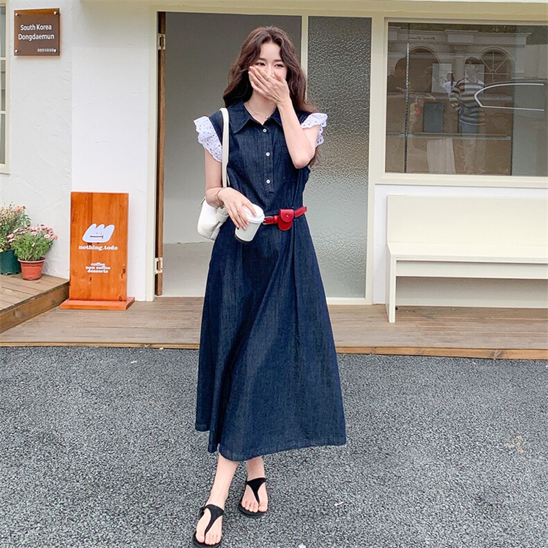 蓝色牛仔翻领连衣裙女2025年夏季新款时尚独特绝美收腰显瘦长裙子,女装连衣裙,慧尚依恋