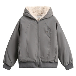 座山雕潮美式复古棉服外套冬季夹棉加绒水洗厚毛领连帽短款棉衣图片