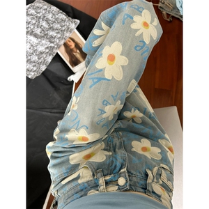 【网图有货】美式复古小雏菊牛仔裤男女款设计感裤子574CC-特P50图片