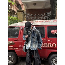 拼接PU皮牛仔夹克男短款做旧脏染金属铆钉设计外套，男装工装外套，星座813-2