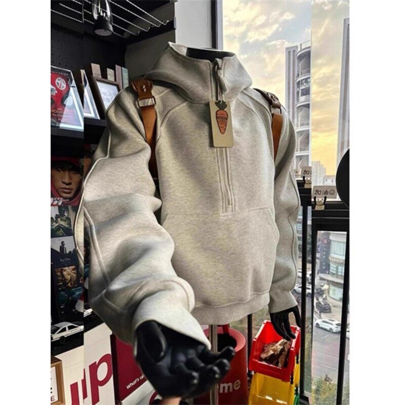 白花灰运动半拉链短款卫衣男春美式解构boxy重磅硬挺连帽立领外套,男装卫衣,星座1213