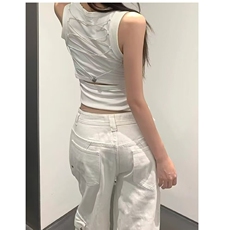 大码美式白色直筒工装牛仔裤女秋季高腰重工设计宽松阔腿拖地裤子，男装牛仔裤，星座1210-1