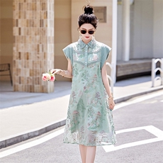 复古刺绣中式短袖连衣裙女2026夏季新款气质时尚百搭上衣，女装连衣裙，采品优优