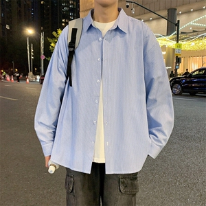2026春夏新款男士条纹日系学生宽松衬衫港风长袖衬衣图片