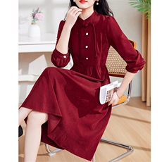 现货-新品】春装新款连衣裙2024年高腰红色气质旗袍长袖中长款裙，女装连衣裙，仁梯