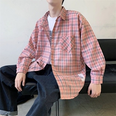 19秋季港风新款ins潮流衬衣格子印花百搭长袖衬衫男CS07/，男装衬衫，电商D202