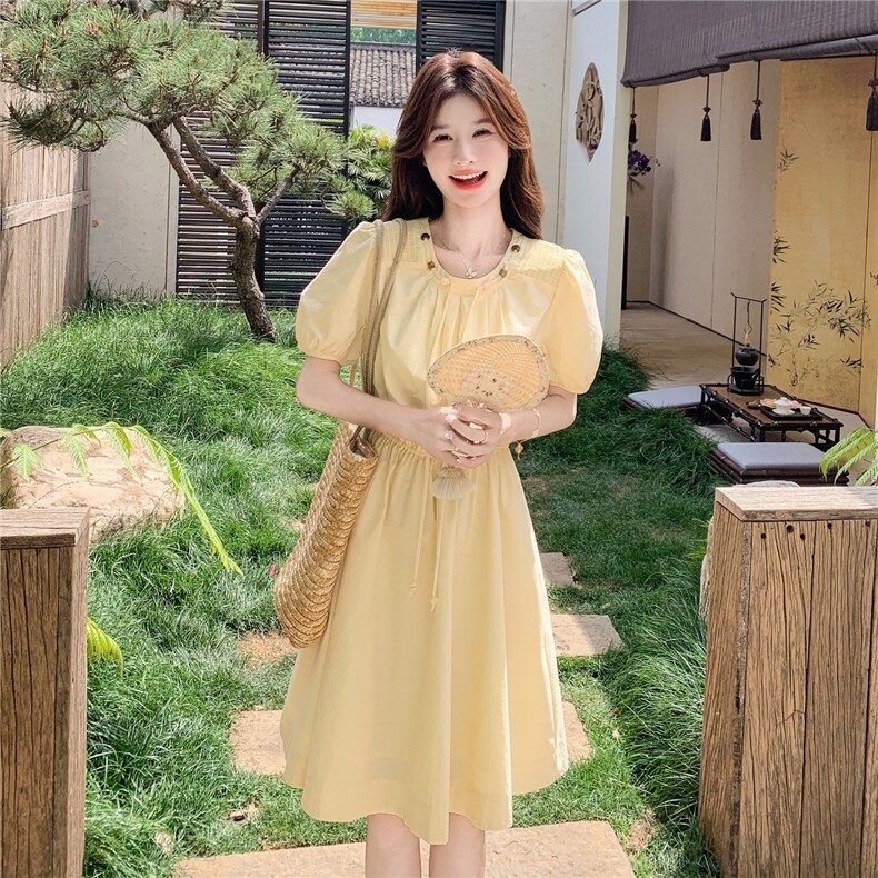 黄色法式泡泡袖连衣裙女2025夏季新款今年流行超好看小个子a字裙，女装连衣裙，2C159