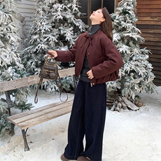 纯色圆领飘带短款休闲宽松羽绒服女保暖外套，女装羽绒服，衣秀之家