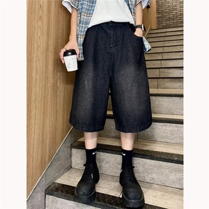 黑色牛仔短裤男夏季潮牌宽松男生中裤新款短裤1001-1-DK25-p45图片