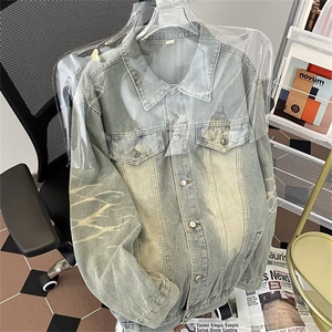 美式渐变牛仔外套男春秋季高街ins潮牌工装夹克男生青少年休闲图片