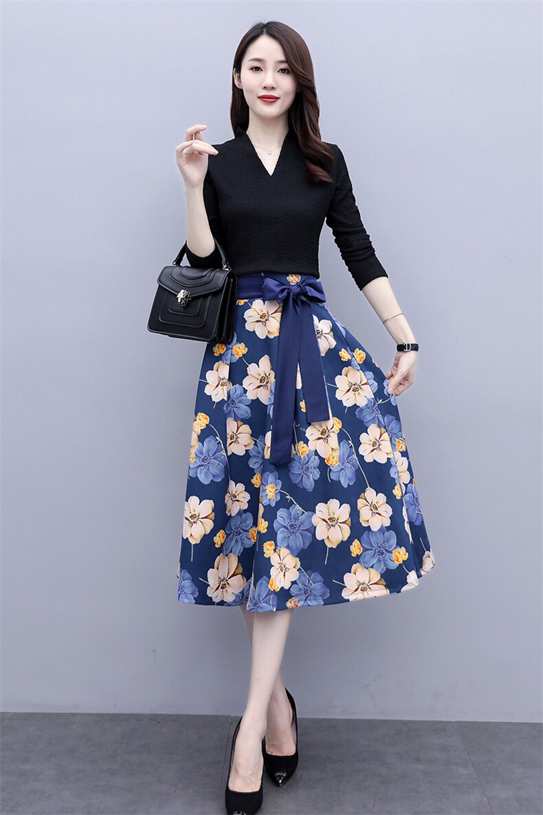 新款时尚气质优雅高弹V领上衣+麂皮绒套裙，女装套装/套裙，岚衣(原川流布茜）