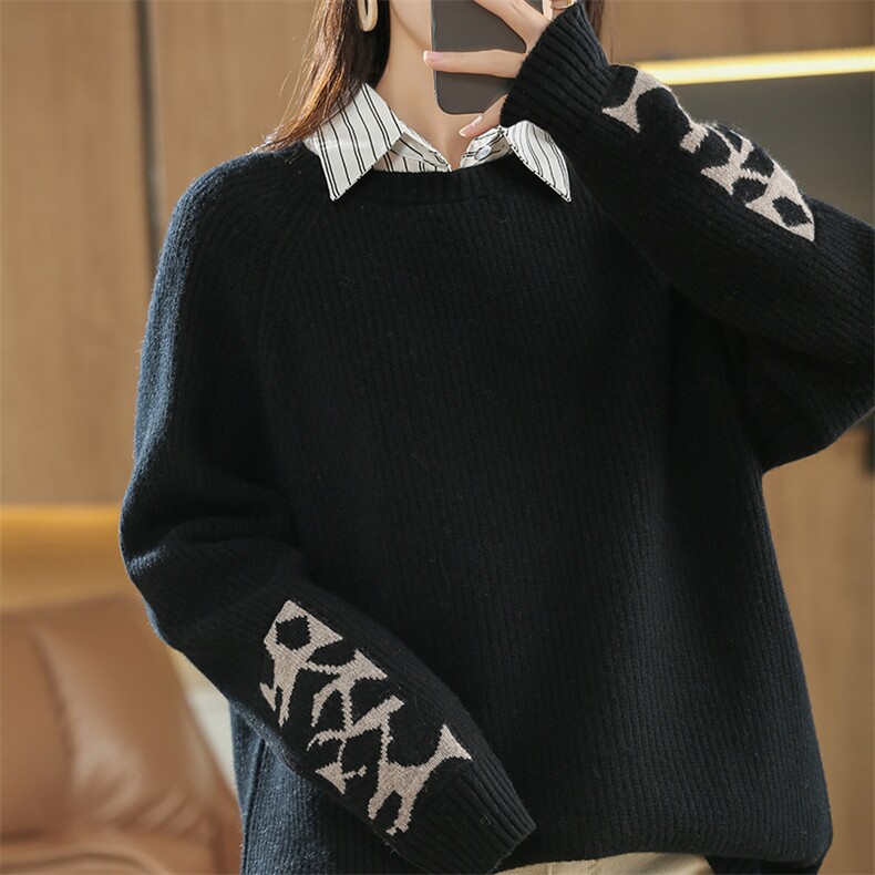 秋冬时尚新款简约百搭插肩元宝针圆领羊毛衫，女装羊毛衫，奥千羊绒