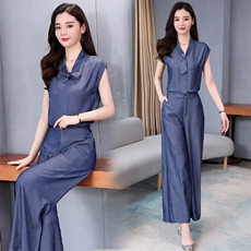 芷墨2023夏装新款时尚简约舒适牛仔套装阔腿裤牛仔套装，女装套装/套裙，芷墨服饰