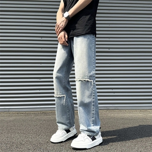 美式设计感双色休闲牛仔裤男款春夏季高街宽松直筒长裤D995/p58图片