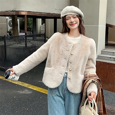 圆领皮毛一体上衣显瘦短款仿皮草2025秋冬新款气质毛呢外套，女装短外套，2C229