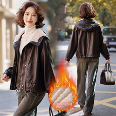 【2024冬季女装新款】时尚休闲港风连帽加绒皮衣皮棉外套，女装皮衣，魅衣本色