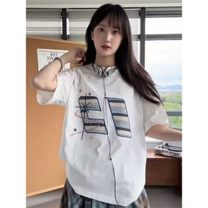 潮牌美式复古咪刺绣短袖t恤女纯棉宽松情侣上衣TX295图片