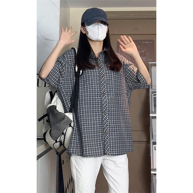 复古格子短袖衬衫男宽松高级感学院风情侣衬衣DC2228-特价P29,男装T恤,电商A007