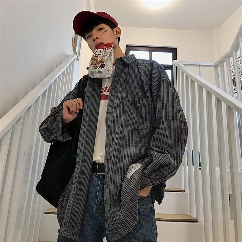 日系叠穿竖条纹长袖衬衫男女复古2025春秋季穿搭宽松休闲衬衣外穿,男装衬衫,星座715-4