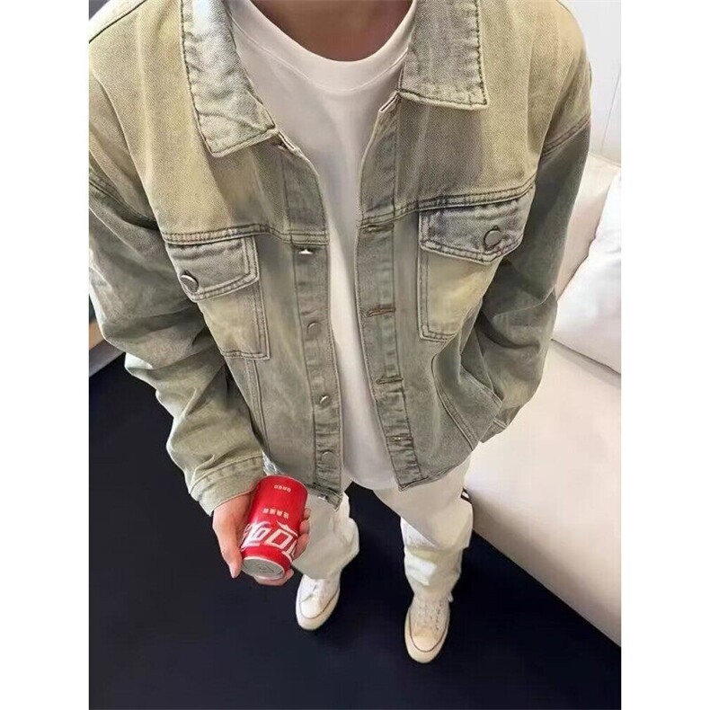 黄泥色初秋短款牛仔外套男春秋季美式复古工装夹克cleanfit牛仔衣,男装夹克,星座506A