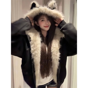 现货重磅硬挺boxy羽绒棉衣座山雕猫耳大毛毛领麂皮棉服冬外套图片
