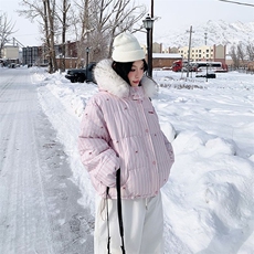 美式设计感条纹蝴蝶结毛领连帽棉服外套女冬季新款加厚保暖棉衣，男装棉衣，星座506A