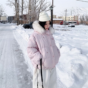 美式设计感条纹蝴蝶结毛领连帽棉服外套女冬季新款加厚保暖棉衣图片