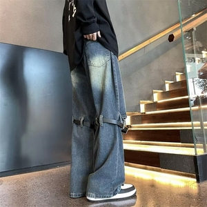 做旧高街牛仔裤男女微喇叭高腰拼接设计感休闲百搭长裤DHWH13/P58图片