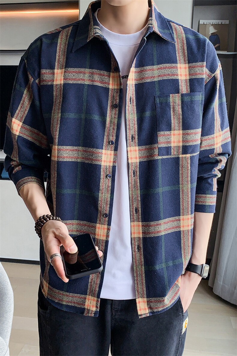 男士格子外套长袖衬衫宽松春秋新款潮流上衣服DF01T,男装衬衫,电商A102