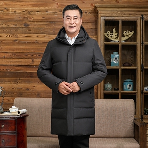连帽羽绒服男冬中长款加厚保暖防水防寒老年外套休闲散步新款上衣