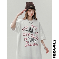 中性风23新款夏季百搭复古美式印花圆领短袖T恤T1142P25控38，男装T恤，A247A