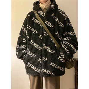 1港风定制LOGO羊羔毛棉衣大码M-5XL连帽棉衣外套男78710P105控148图片