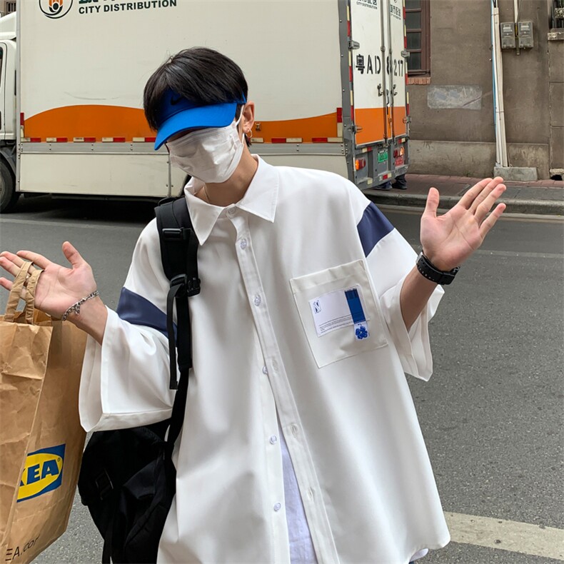 【2025春夏】拼接CITYBOY风中性休闲夏季宽松五分袖男短袖衬衫,男装T恤,星座112A